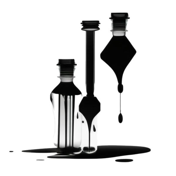 Bottles with the black liquid (by AI)